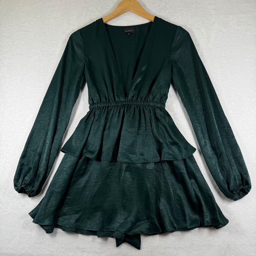 Majorelle Emerald Green Tiered Ruffle Romper Deep V-Neck Long Sleeve XXS